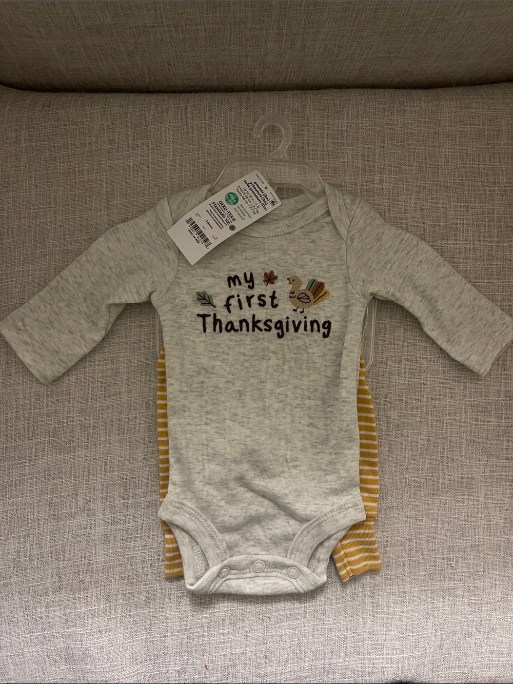 Carter's Heather Gray & Mustard Stripe 'My First Thanksgiving' Bodysuit Set